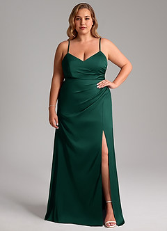 Azazie Azuree Bridesmaid Dresses Emerald A-Line Pleated Stretch Satin Dress image11
