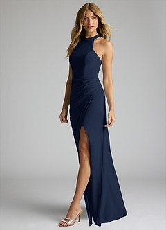 Azazie Galicia Brautjungfernkleider Meerjungfrau-Linie Halter Gefaltet Stretch-Chiffon Kleid Dunkelmarine image3