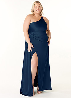 Azazie Maron Bridesmaid Dresses Dark Navy A-Line One Shoulder Stretch Satin Dress image7