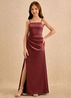 Azazie Cannoli Girls Formal Flower Girl Dresses Terracotta A-Line Pleated Stretch Satin Dress image5