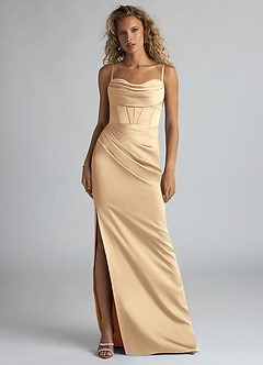 Azazie Mai Bridesmaid Dresses Champagne Sheath Pleated Stretch Satin Dress image1