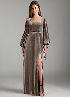 Azazie Leonia Bridesmaid Dresses Silver Taupe A-Line Long Sleeve Velvet Dress image1