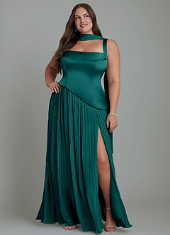 Azazie Stephanie Vestidos de damas de honor Vestido Pavo Real de Satén Elástico de Línea A con Plisado image15