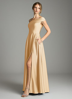 Azazie Melanie Vestidos de damas de honor Vestido de Oro de Satén Elástico de Corte en A con Vestidos sin tirantes image4