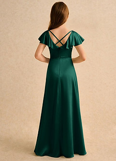 Azazie Nari Girls Formal Robe Demoiselle D'honneur Fillette Robe Trapèze en Satin extensible avec manches émeraude image2