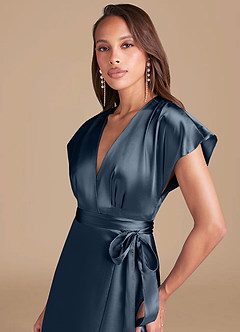 Azazie Nico Bridesmaid Dresses Dark Navy A-Line Pleated Metallic Satin Dress image2