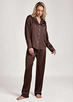 front 새틴 루렉스 트리밍 긴팔 잠옷 세트