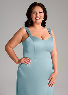 Azazie Denice Bridesmaid Dresses Moody Blue Sheath Pleated Stretch Satin Dress image7