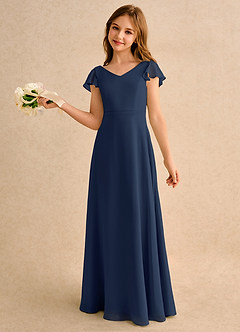 Azazie Nari Girls Formal Flower Girl Dresses Dark Navy A-Line with Sleeves Chiffon Dress image1