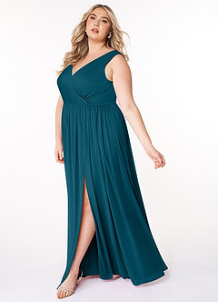 Azazie Tanicia Brautjungfernkleider A-Linie V-Hals Gefaltet Gittergewebe Kleid Tintenblau image7
