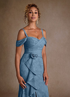 Azazie Irene Moeder van de bruid jurken A-Lijn Jurk van Bloemen Burn-out Off the Shoulder Staal Blauw image7