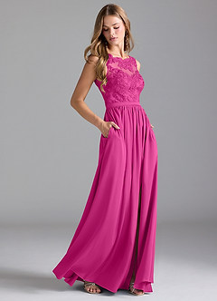 Azazie Elly Bridesmaid Dresses Fuchsia A-Line Lace Stretch Satin Dress image1