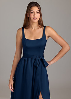 Azazie Elliott Bridesmaid Dresses Dark Navy A-Line with Pockets Stretch Satin Dress image2