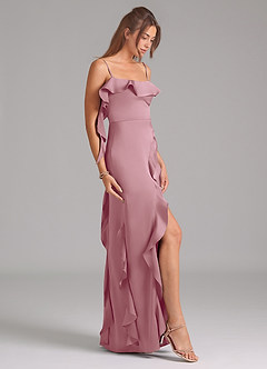 Azazie Malia Bridesmaid Dresses Vintage Mauve A-Line Side Slit Stretch Satin Dress image5