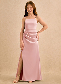 Azazie Cannoli Girls Formal Robe Demoiselle D'honneur Fillette Robe Trapèze en Satin extensible Plissée Rose Poudré image5