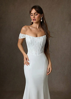 Azazie Yamelle Wedding Dresses Diamond White Mermaid Off the Shoulder Satin Dress image4