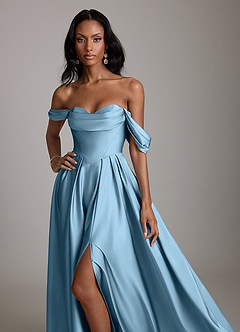 Azazie Loisa Abiti da Damigella Abito A-Line in Raso Elasticizzato a Spalla Scoperta Blu Acciaio image5