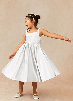 Azazie Cutie Pie Flower Girl Dresses White A-Line Pleated Matte Satin Dress image3