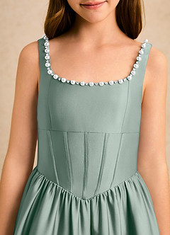 Azazie Enid Girls Formal Flower Girl Dresses Silver Sage A-Line Beaded Stretch Satin Dress image6