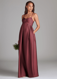 Azazie Llana Gravid brudtärna klänningar Klänning A-Linje med fickor Golvlängd Stretch Satin image3