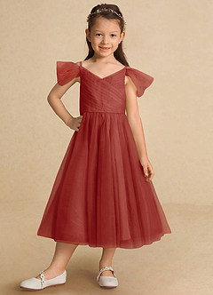 Azazie Lizzette Robe Demoiselle D'honneur Fillette Robe Trapèze en Tulle Rayé Terracotta image6