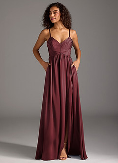 Azazie Alia Bridesmaid Dresses Merlot A-Line Pleated Stretch Satin Dress image7