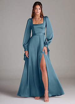Azazie Leonia Bridesmaid Dresses Bermuda A-Line Long Sleeve Stretch Satin Dress image1