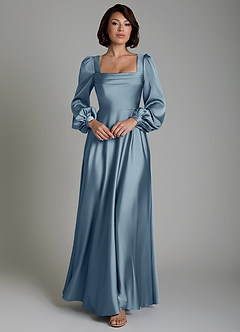 Azazie Solana Bridesmaid Dresses Dusty Blue A-Line Long Sleeve Stretch Satin Dress image1