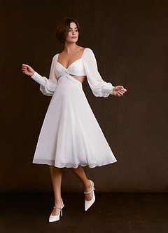 Azazie Delfina Wedding Dresses A-Line V-Neck Pleated Chiffon Knee-Length Dress image3