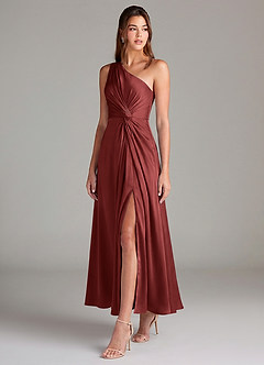 Azazie Brooke Robes de demoiselle d'honneur Robe Trapèze en Satin extensible Asymétrique Terracotta image3