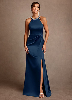 Azazie Lawrence Mother of the Bride Dresses Dark Navy A-Line Pleated Stretch Satin Dress image1
