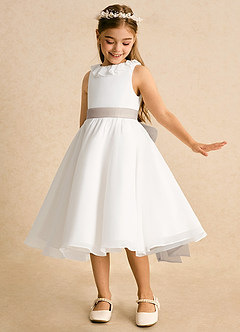 Azazie Dani Blumenmädchenkleider A-Linie Schleifen Chiffon Kleid Elfenbein Frost image1