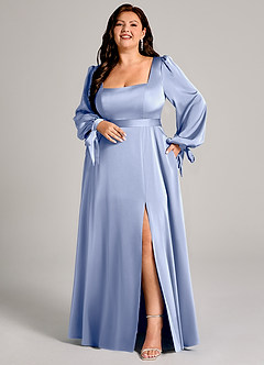 Azazie Leonia Bridesmaid Dresses Ice A-Line Long Sleeve Stretch Satin Dress image1