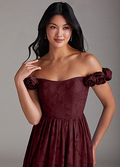 Azazie Autumn Bridesmaid Dresses Cabernet A-Line Off the Shoulder Floral Burnout Dress image6