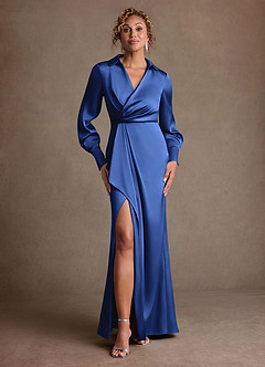 Azazie Jacinta Mère de la mariée Robes Robe Fourreau en Satin extensible Plissée Bleu Roi image1