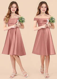 Azazie Amira Junior Rosette A-Line Pleated Stretch Satin Dress image1