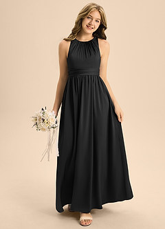 Azazie Jaylah Junior Black A-Line Pleated Stretch Satin Dress image3