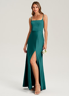 Azazie Lidia Bridesmaid Dresses Peacock Mermaid Side Slit Stretch Satin Dress image3