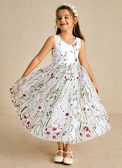 Azazie Arianna Abiti da Ragazza di Fiori Abito A-Line in Tulle Pizzo Bianco image1