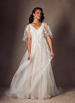 Azazie Renesmee Vestidos de novia Vestido de Blanco Diamante Nude de Tul de Corte en A con Lentejuela image3