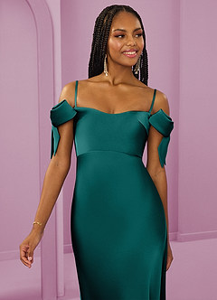 Barbie ♥ Azazie Bridesmaid Dresses Peacock Sheath Off the Shoulder Stretch Satin Convertible Dress image9