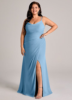 Azazie Deandra Brudtärnklänningar Klä av Sjöjungfru i Chiffong Plisserad Stålblå image9