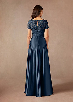 Azazie Adina vestidos de madre de la novia Vestido de Azul Marino Oscuro de Satén Metálico de Corte En A con Encaje image4