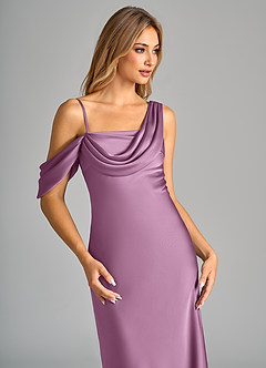Azazie Celina Bridesmaid Dresses Wisteria Sheath Off the Shoulder Stretch Satin Dress image7
