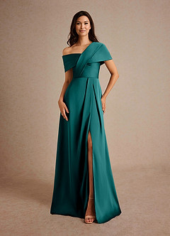 Azazie Milton Mother of the Bride Dresses Peacock A-Line Pleated Stretch Satin Dress image5
