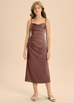 Azazie Mai Junior Osłona Pofałdowany Satyna elastyczna Długość herbaty Młodsza druhna Sukienka image3