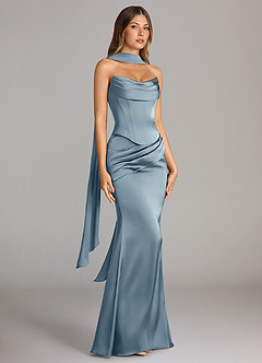 Azazie Sorrel Jurken voor bruidsmeisjes Converteerbaar Jurk van Stretch Satijn met Zeemeermin Strapless Stoffig Blauw image3