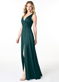 Azazie Nelly Brautjungfernkleider A-Linie Plissee mit V-Ausschnitt Stretch-Satin Kleid Kiefer image3