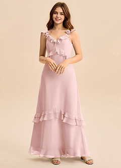 Azazie Tavie Junior Powder Pink A-Line Ruched Chiffon Dress image1