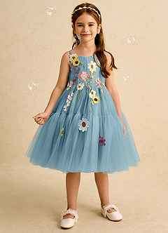 Azazie Osea Blumenmädchenkleider Ballkleid Plissee Tüll Kleid Stimmungsvolles Blau image3